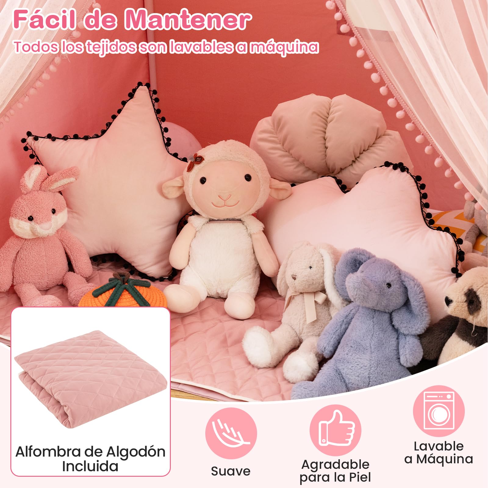 COSTWAY Tienda de Campaña Infantil, Tienda Tipi Infantil con 2 Cortinas de Tela y Malla, Luces de Estrellas, 2 Ventanas Transpirables, Almohadilla de Algodón, Casita Niños Tela para 3-4 Niños (Rosa)