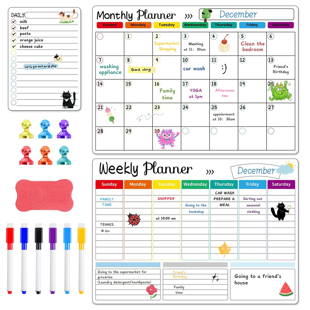 Strayelf Magnetic Whiteboard Planners Calendar Weekly Monthly Kitchen Planner,16 PACK Dry-Erase Magnetic Calendar Schedule Organizer for Fridge