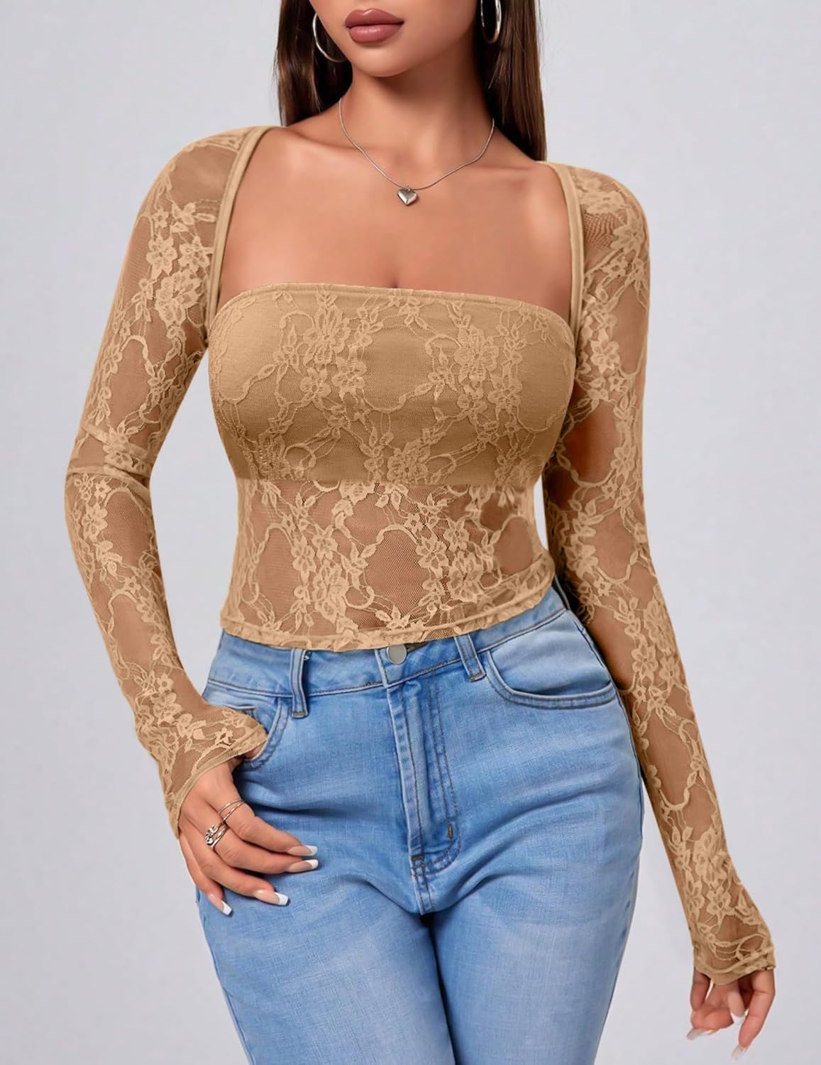 Long Sleeve Lace Tops 2 Piece Square Neck Y2K Crop Top Brown Tube Tops Strapless Cute Floral Shirts Breathable Going Out Cami Top (Brown, XX-Large) - Image 3
