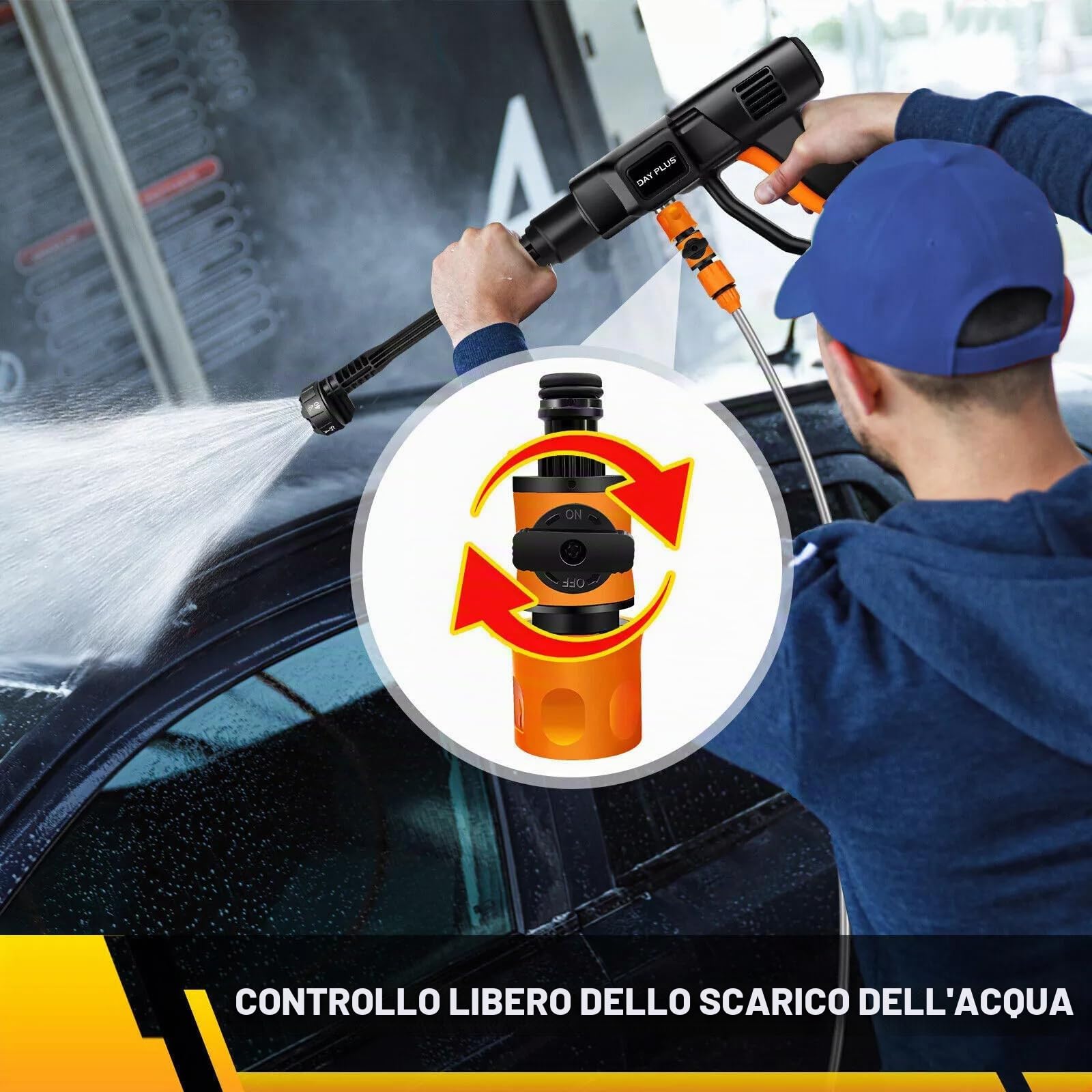 6in1 - Pistola ad acqua ad alta pressione senza fili, 21 V, 300 bar, 3000 psi, con 2 batterie 3.0 Ah, tubo da 5 metri