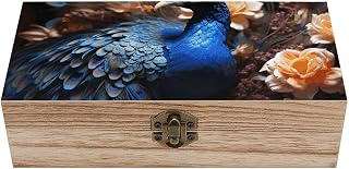 Blue Peacock Wooden Decorative Storage Box Jewelry Box | Vintage Keepsake with Hinged Large Memory Box Wooden Keepsake Box Retro, Trinkets Storage Container for Women, Mom Gift