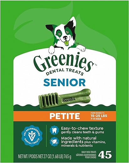 GREENIES Aging Care Petite Natural Dog Dental Care Chews Oral Health Dog Treats, 27 oz. Pack (45 Treats)
