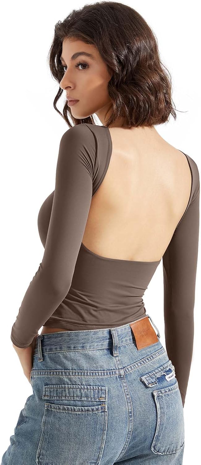 SUUKSESS Women Backless Going Out Tops Double Lined Open Back Basic Long Sleeve - Image 3