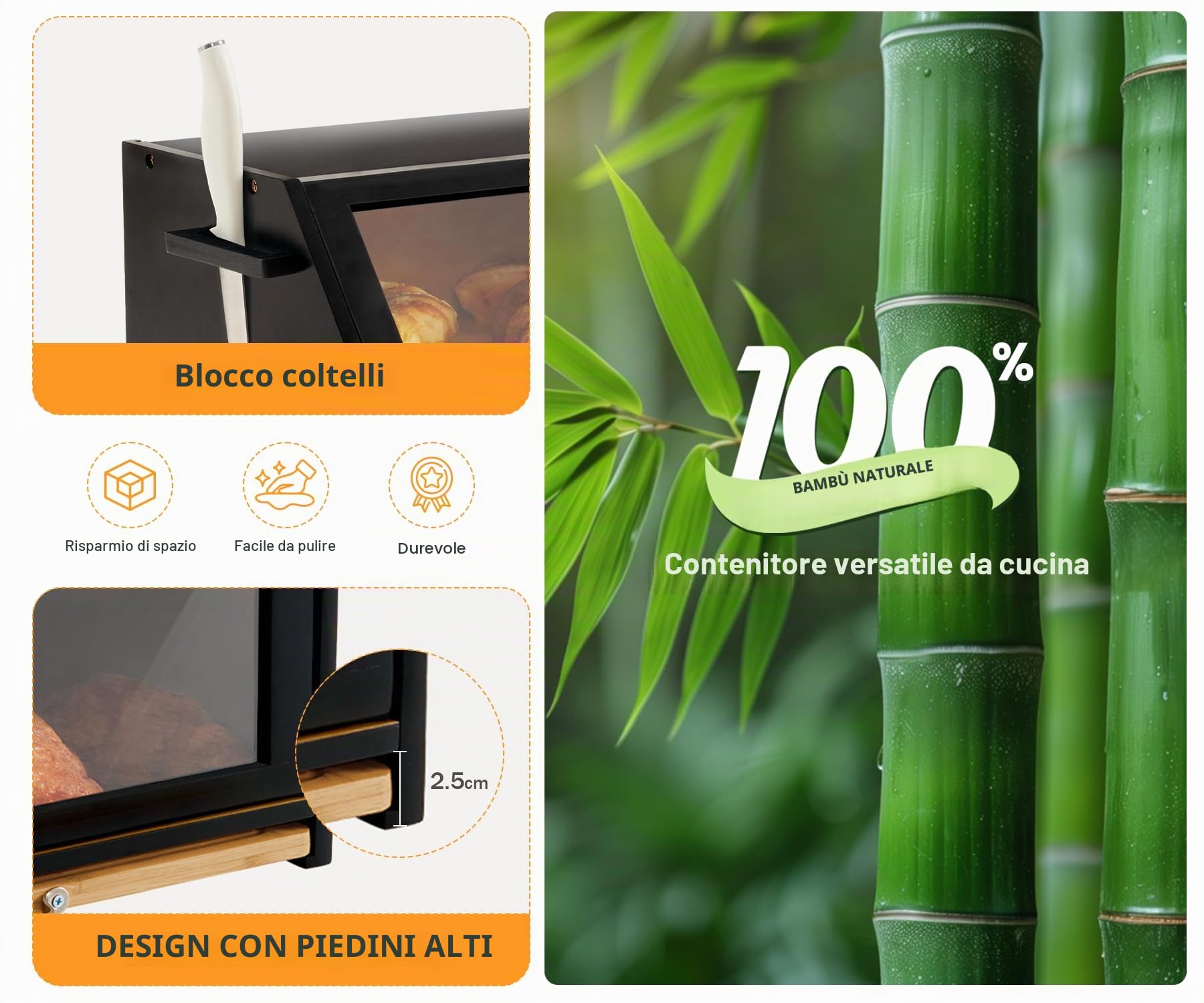YOUDENOVA Cestino per il pane ecologico in bambù con tagliere, contenitore per pane da cucina, contenitore per pane tostato, nero, 39 x 26 x 32,5 cm (lunghezza x larghezza x altezza)