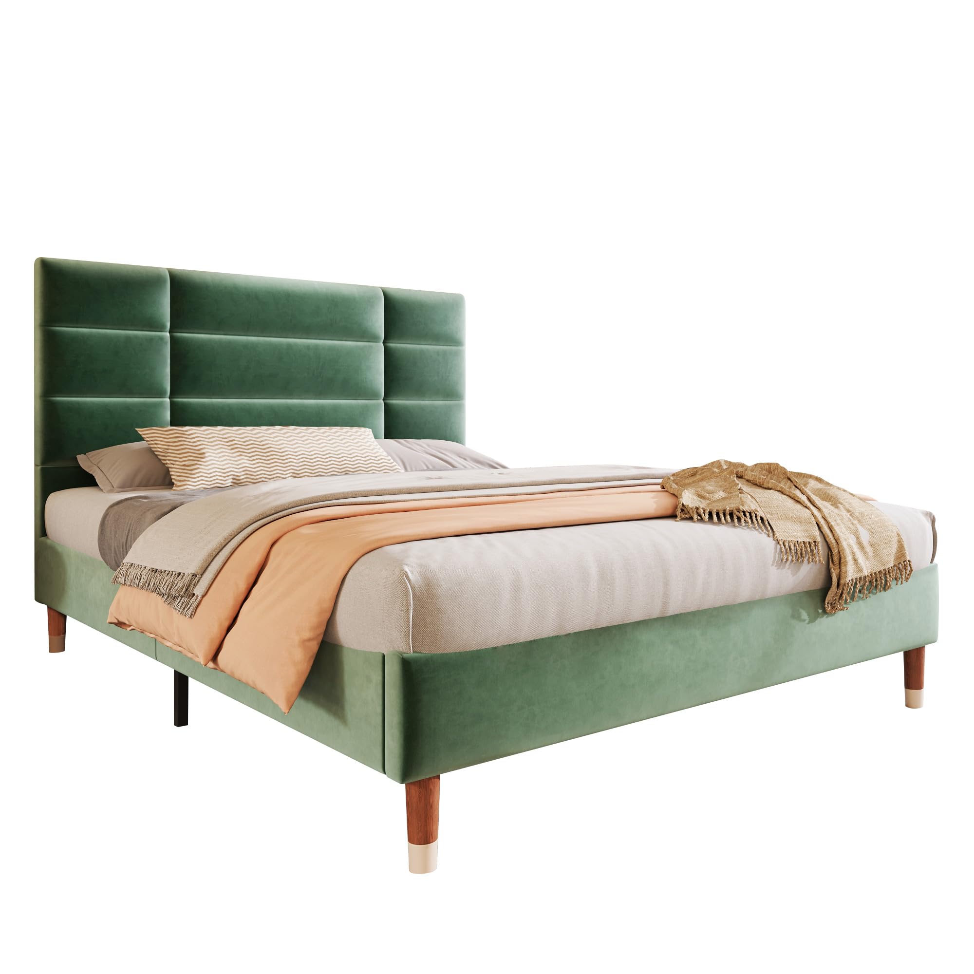 Merax Cama tapizada de 140 x 200 cm, Cama Doble con somier y Espacio de Almacenamiento Debajo de la Cama, Estructura de Cama Acolchada con cabecero, Terciopelo Verde Oscuro, para Adultos y jóvenes