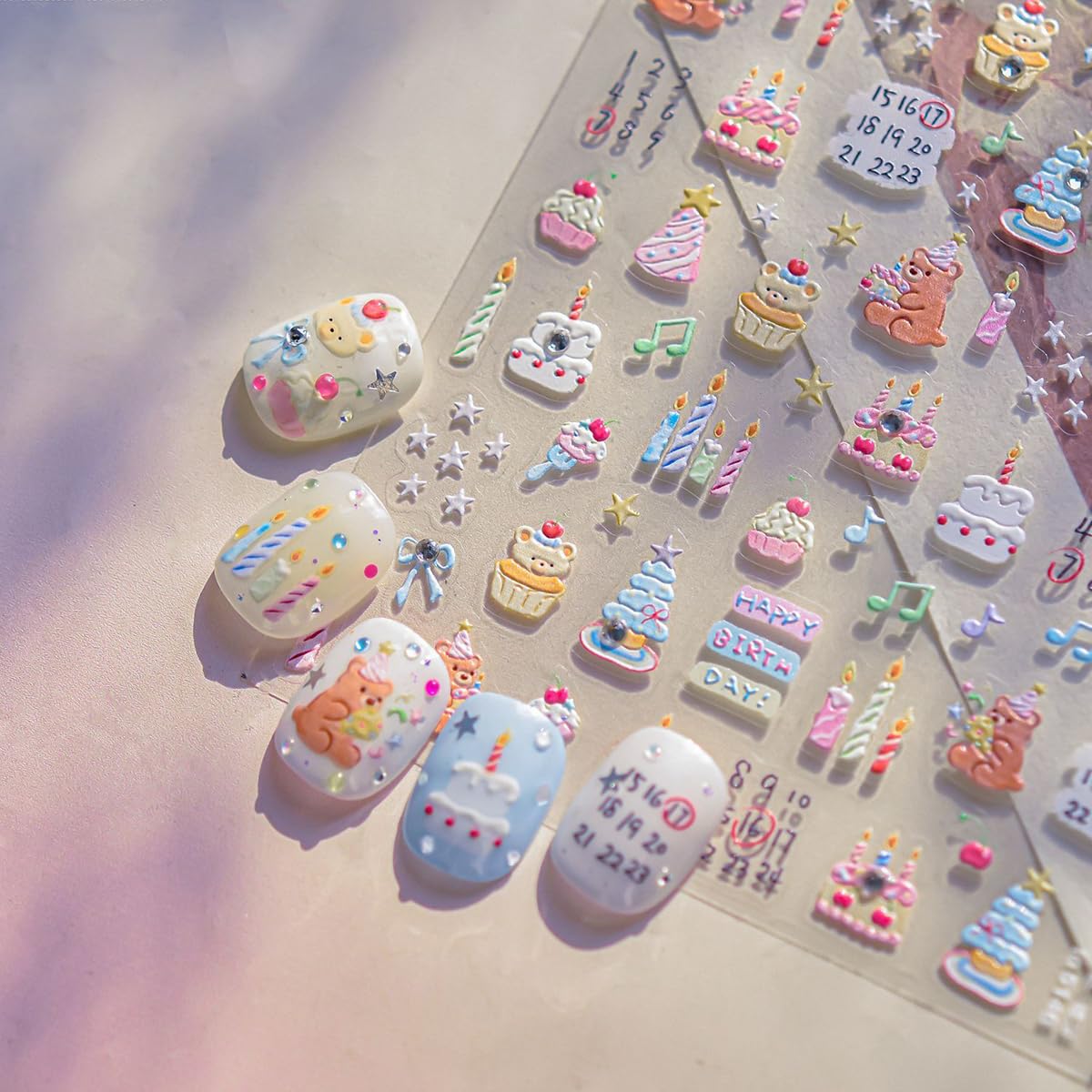 Birthday Nail Stickers Cake Nail Art Decals Candle Star Bear Bow Nail Art Sticks 5D Embossed Self Adhesive with Design for Women Girls Kid Happy Birthday Manicure DIY Charms Decoration