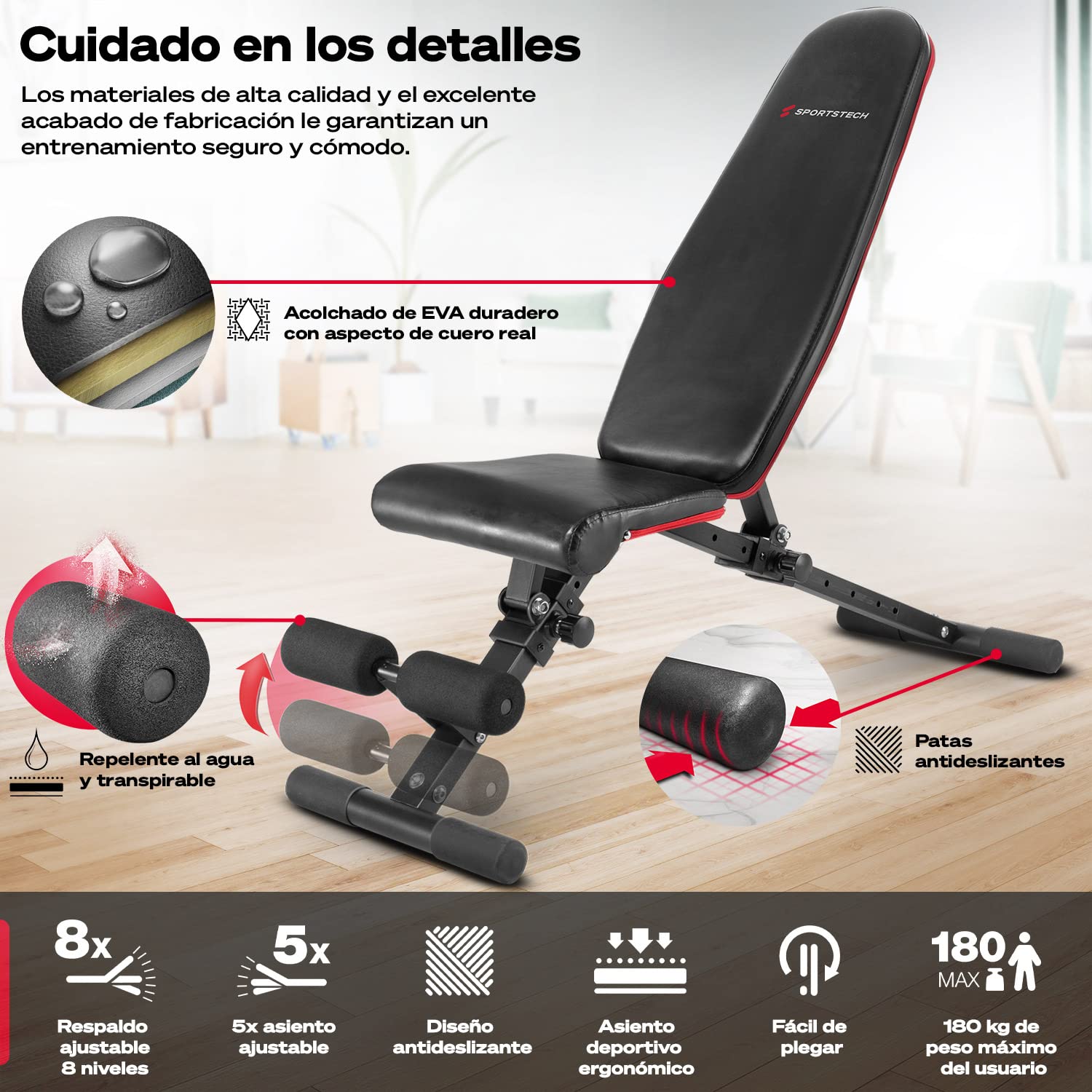 Banco de pesas Sportstech, plegable, inclinado y plano, max. carga de 180 kg, para entrenar los abdominales y ponerse en forma + más de 40 combinaciones para uso doméstico | BRT400