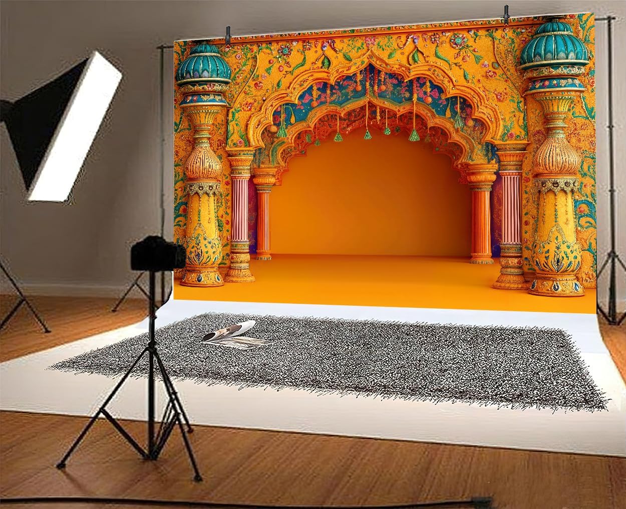 x 10フィート インドの伝統的な写真背景 インド ディワリ プージャ 写真の背景 プージャ Ganpati プージャ 一時的 【カーテンウォール】