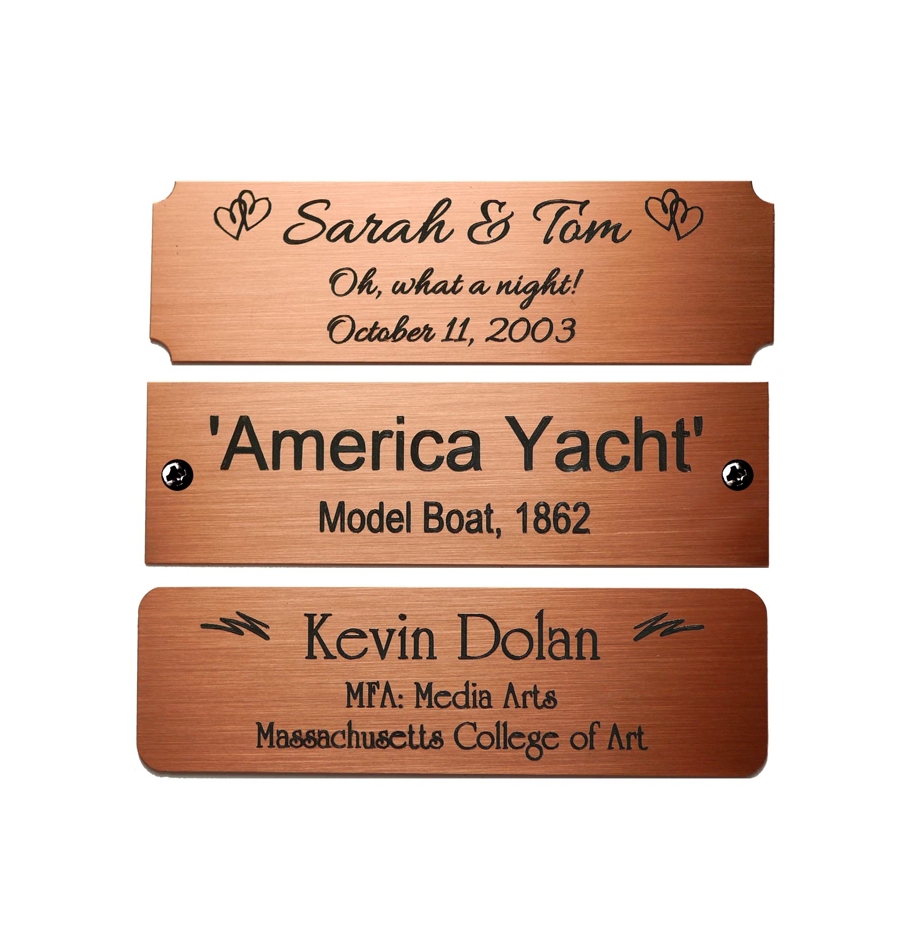 Size: 3-1/2"W x 1"H, Personalized, Custom Engraved, Brushed Copper Plate Picture Frame Name Label Art Tag for Frames, with Adhesive Backing or Screws