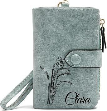 Personalized Wallet Custom Birth Flower Name for Teen Girls & Women Green