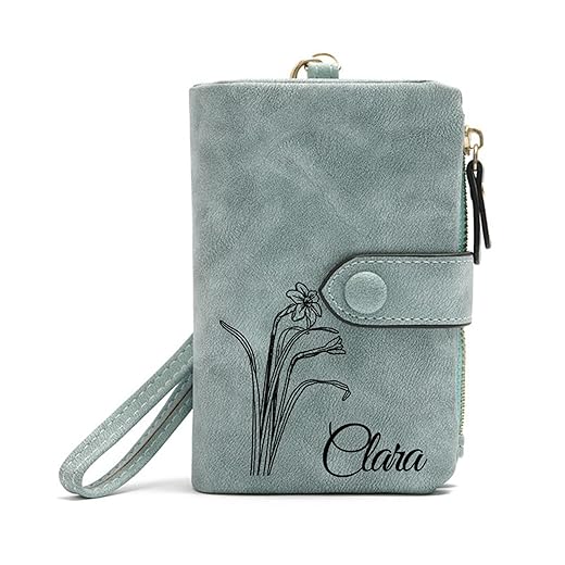 Personalized Wallet Custom Birth Flower & Name, Small Leather Wallet Coin Purse Card Holder for Women Teen Girls Customized Gifts for Birthday Christmas Thanksgiving Anniversary Mothers Day
