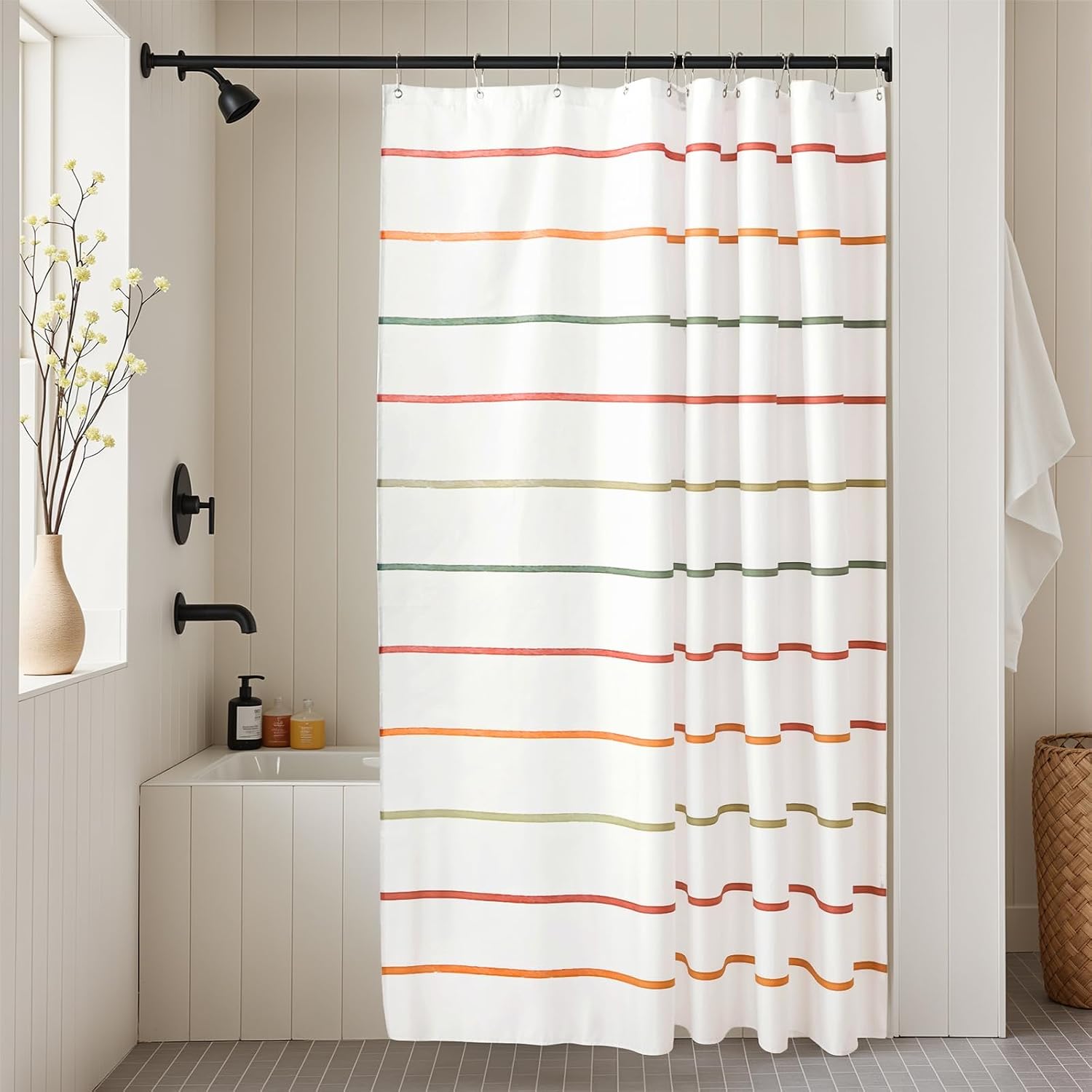 Kids Bathroom Shower Curtain, Colorful Hand-Drawn Stripe Design, 72 x 72