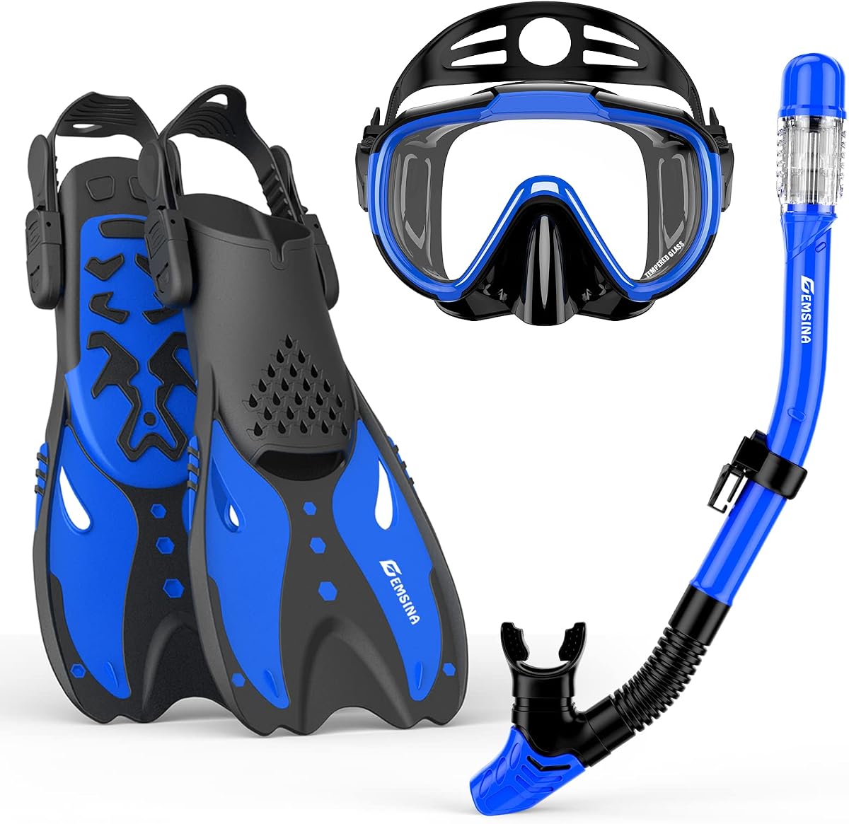 EMSINA Mask Fin Snorkel Set with Adult Snorkeling Gear, Panoramic View Diving Mask, Trek Fin, Dry Top Snorkel +Travel Bags, Snorkel for Lap Swimming