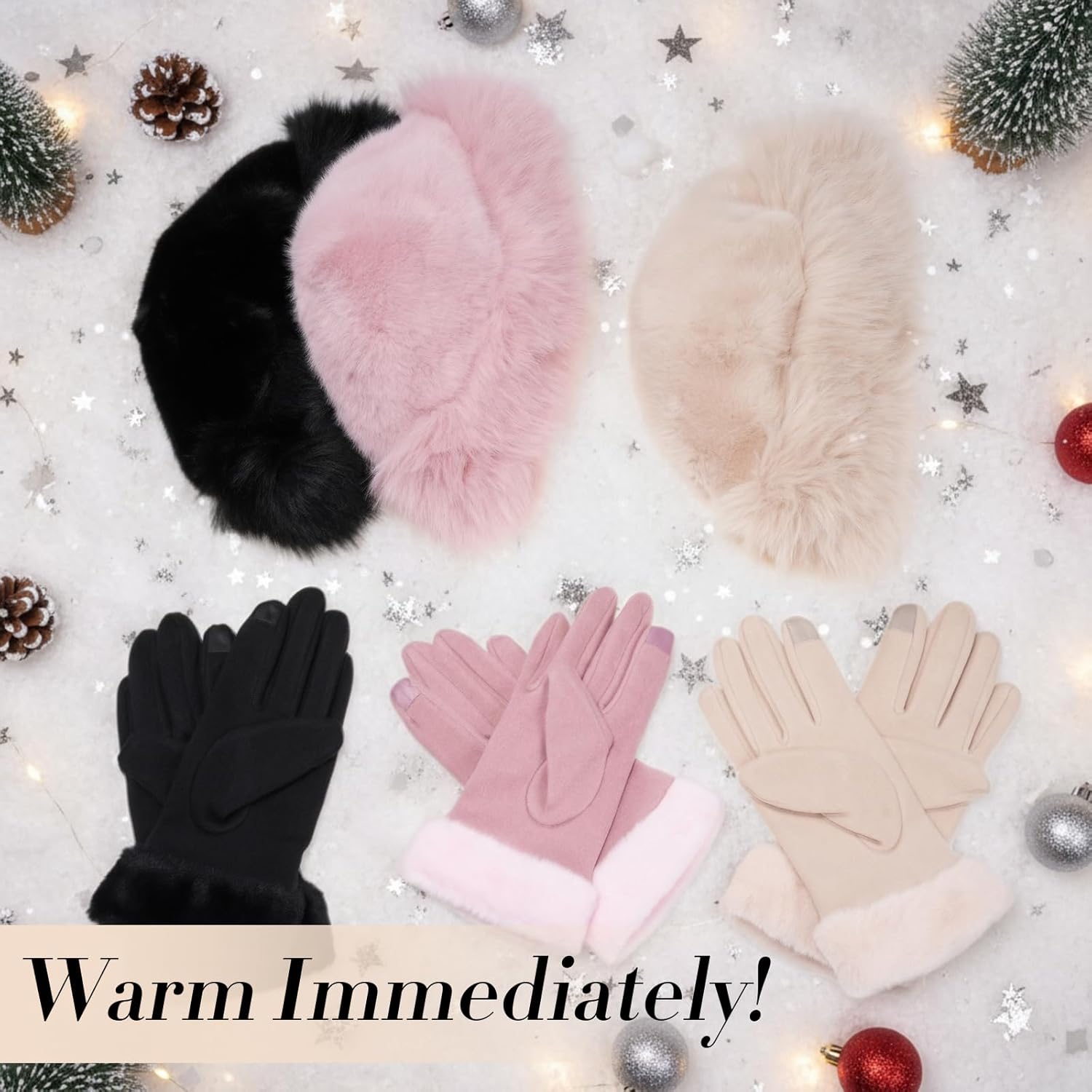 12 Pcs Women Faux Fur Bucket Hat Gloves Winter Set Warm Faux Mink Plush Hat Winter Suede Gloves with Touchscreen Fleece Lined Windproof for Cold Weather - Image 4