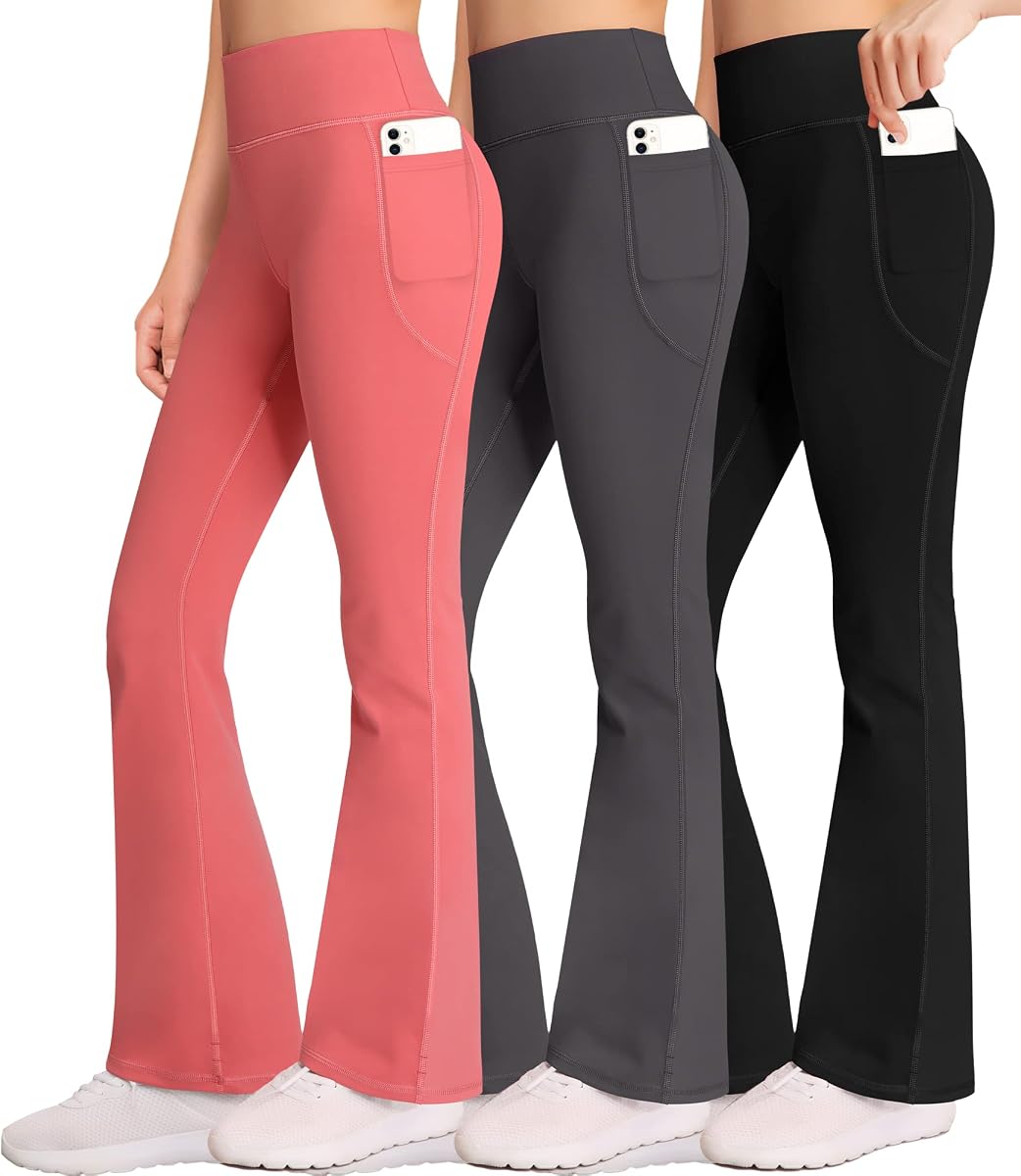 AENLLEY Pantalones elásticos para yoga con pierna ancha y control de barriga para niña con bolsillos, paquete de 3