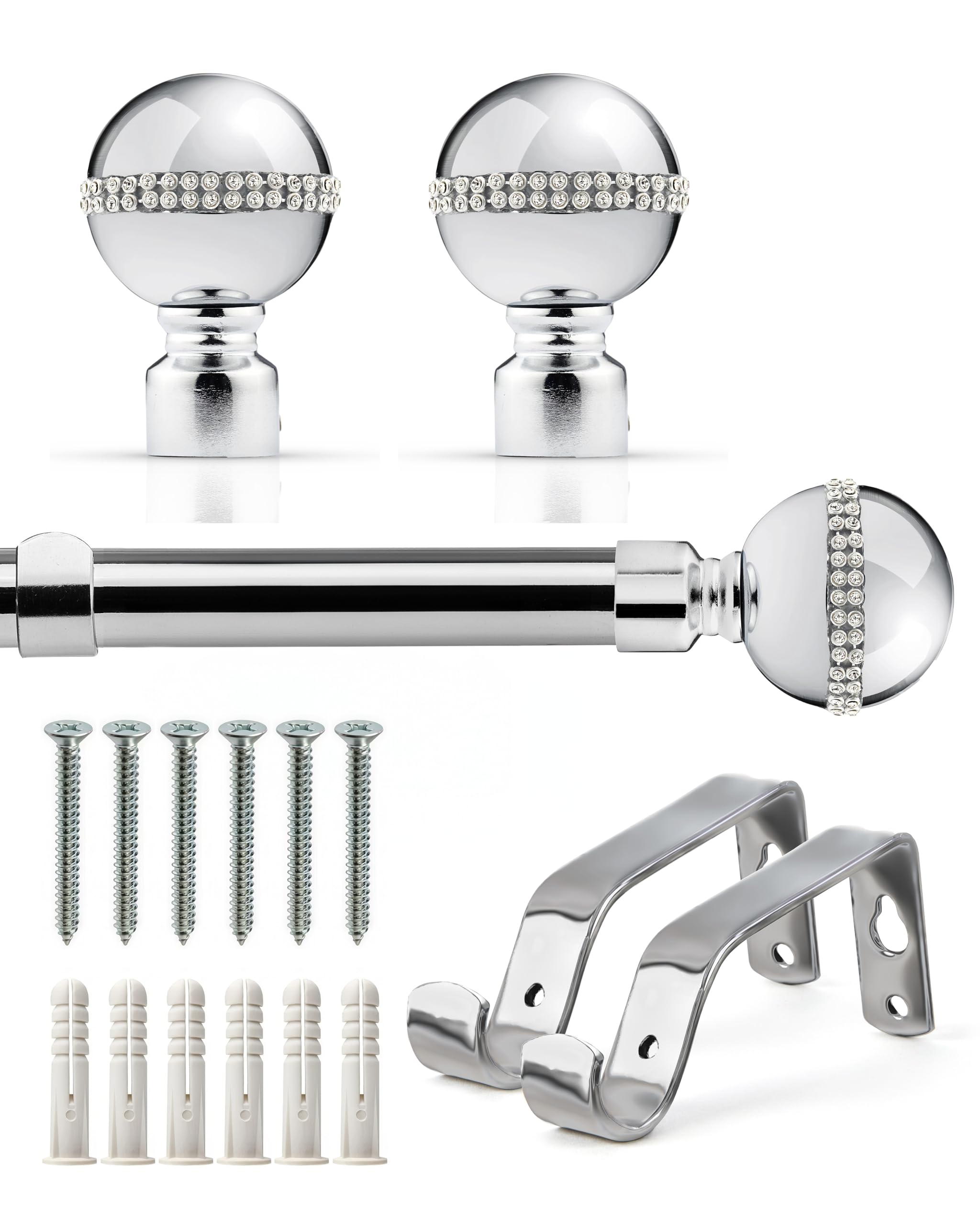 Emma Barclay Extendable Curtain Pole With Finials Brackets & Fittings Sets 16-19mm in Chrome Metal Curtain Poles For Eyelet Curtains Rod - Bling Diamond Collection 1.2m - 2.1m Chrome