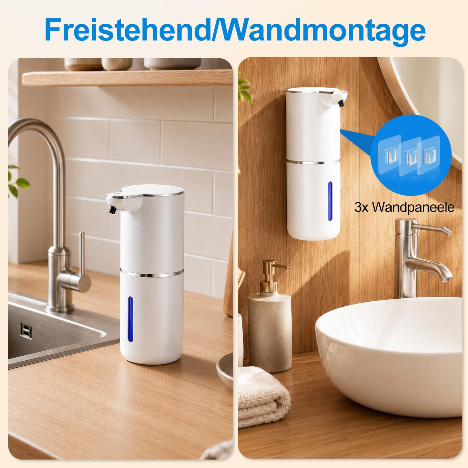 Amyzavls Seifenspender Automatisch für Flüssigetyp, Wandbefestigung Berührungslos Elektrischer Seifenspender mit Sensor, 4-stufige, USB Wiederaufladbar, 380ml, für Bad, Küche und Toilette, Perlweiß