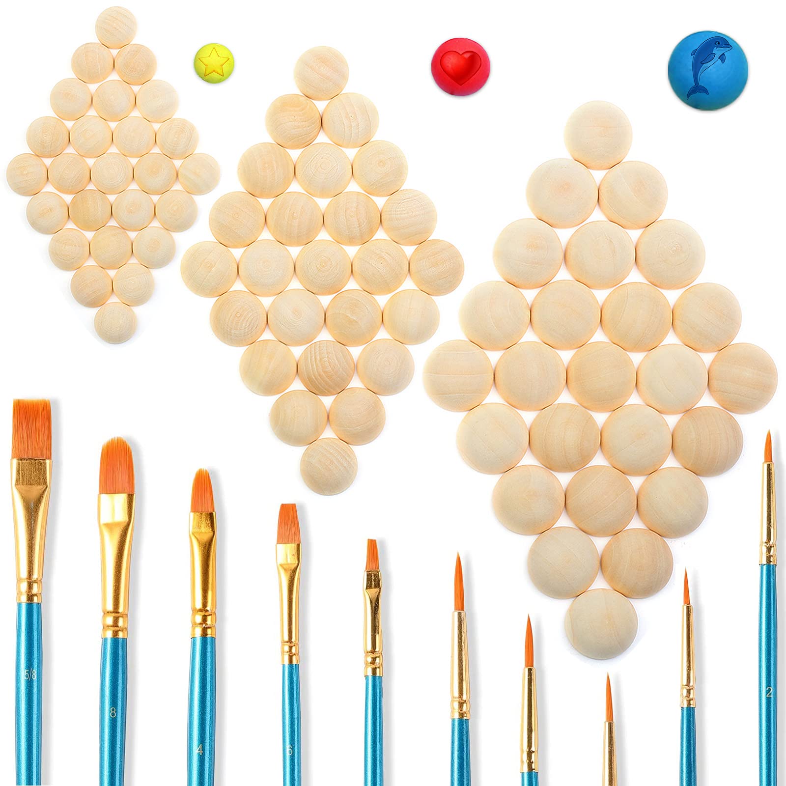 Half Wooden Beads,200PCS Half Wood Balls Split Wood Balls Wooden Photo Ornaments for Crafts (15 mm, 20 mm, 25 mm) +10pcs Paint Brush