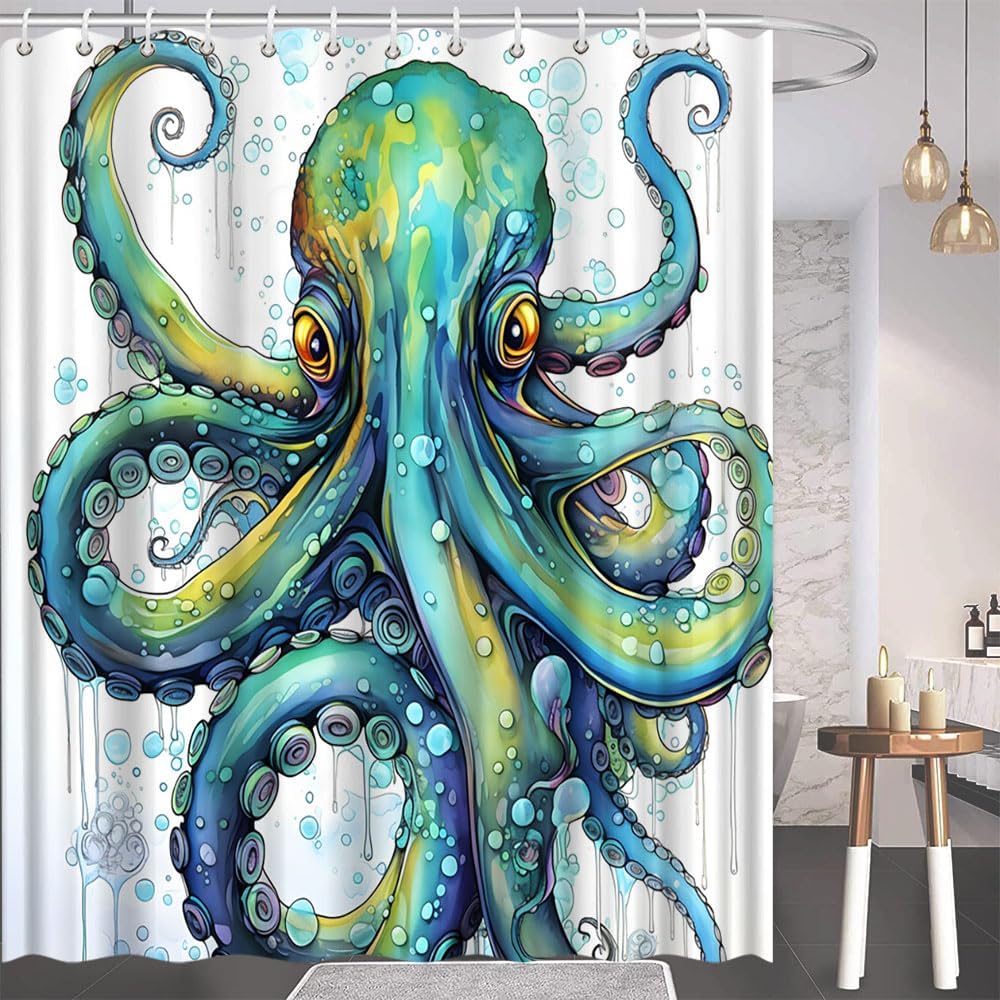 Octopus Shower Curtain Funny Blue Teal Sea Kraken Ocean Theme Nautical Marine Life Tentacle Animal Bathroom Polyester Curtains Set with Hooks 75x70 Inch