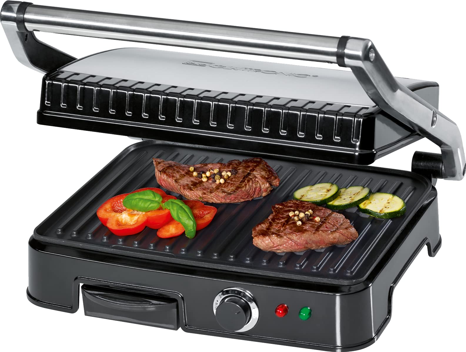 Clatronic KG 3487 Grill de Asar con Tapa Basculante, 2000 W, Acero Inoxidable