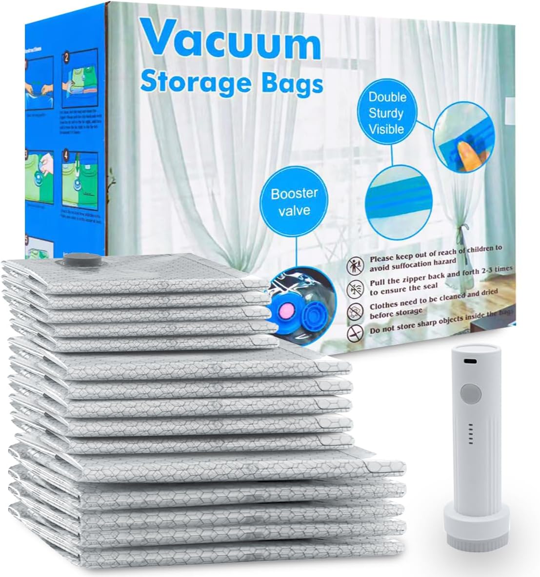Vacuum Seal Bags 15-Pack with Wireless Pump, 5 Large/5 Medium/5 Sizes, Reusable Storage for Clothes Travel, Luggage & Suitcases, Portable Space Saver
