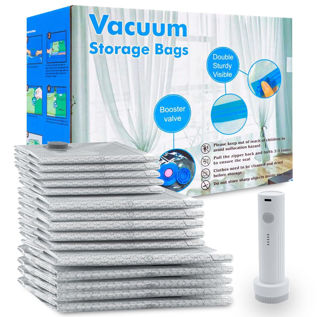 Paquete de 15 bolsas de sellado al vacío para ropa de viaje con bomba de aire eléctrica inalámbrica, 5 bolsas grandes + 5 medianas + 5 pequeñas, reutilizables para ahorrar espacio para equipaje y