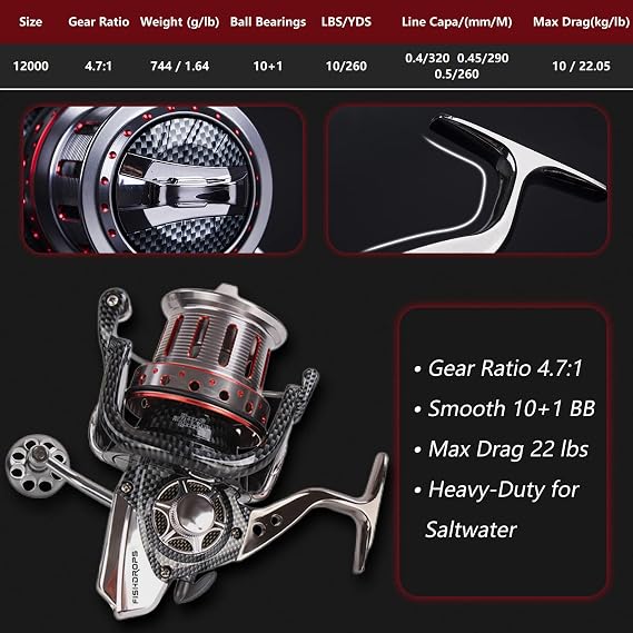 Fishdrops Surf Spinning Reels, Saltwater Fishing Reels, Metal Frame 22 LBs Max Drag, 10+1/12+1 Stainless BB Ultra Smooth Powerful with CNC Aluminum Spool Spinning Reels
