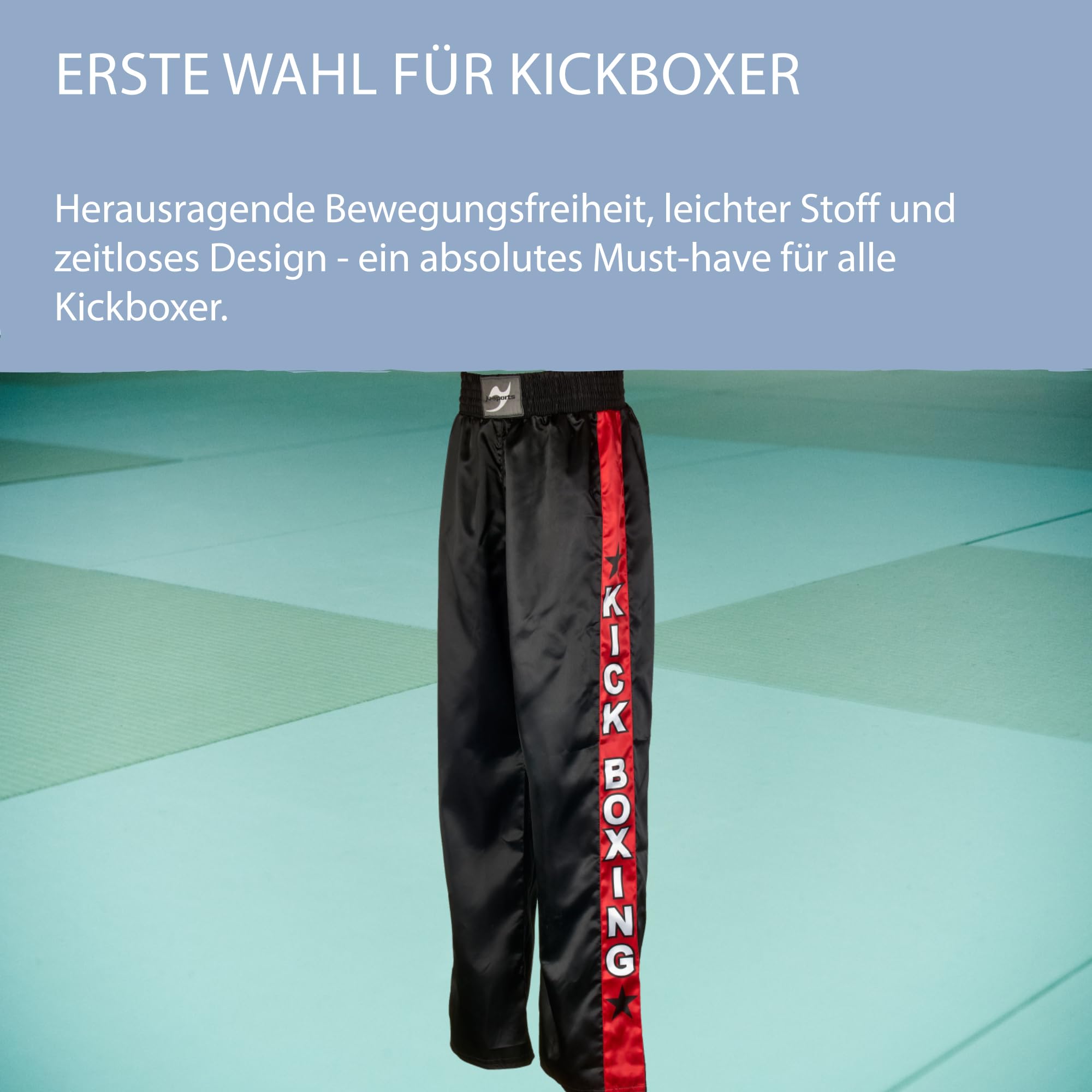 Ju-Sports Kickboxhose Herren & Damen schwarz - Leichte Hose mit Gummizug & Zusatzschnürung aus 100% Polyester, Mit Kickzwickel & breitem Boxerbund
