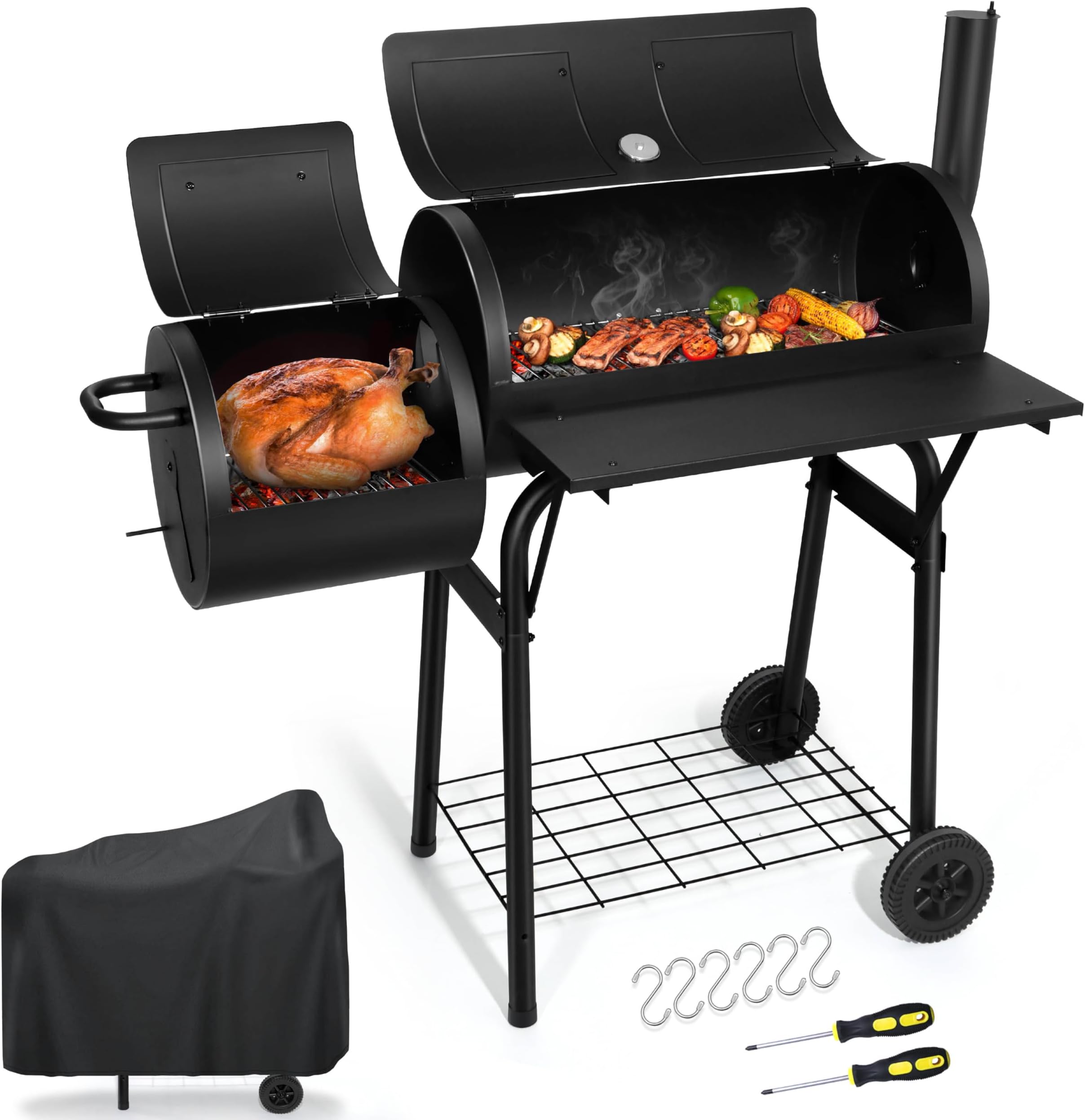 Joyfair Charcoal Grill with Offset Smoker, Large Steel BBQ Grill with Protective Cover for Outdoor Camping Grilling/Backyard Barbecue Smoking, Heavy Duty & Dual Chamber Design, Thermometer & Chimney