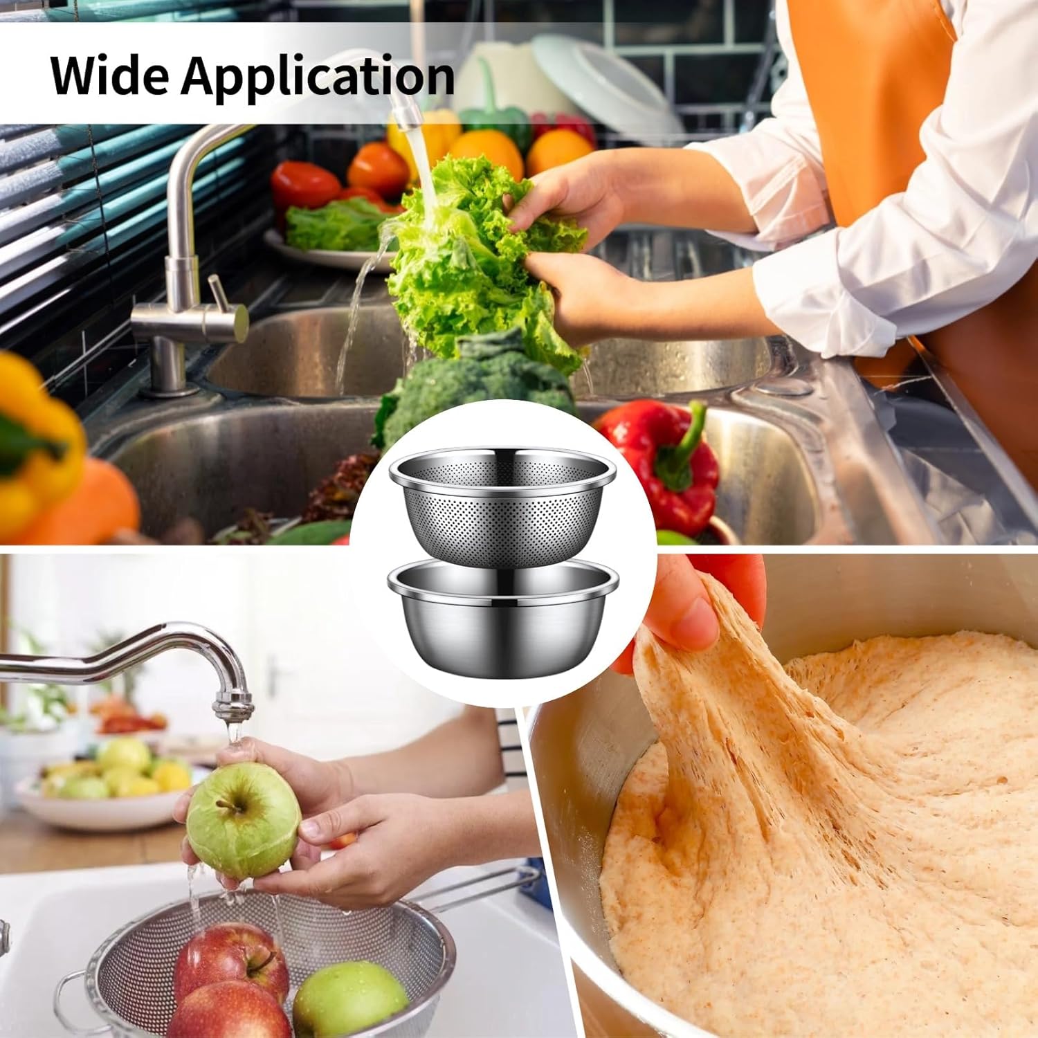 Mixing Bowls Stainless Steel, 4 Pcs with Drain Basket Strainer, 24 Cm/9.45 in 30 Cm/11.8 in, Solid and Perforated Bowls, Rust-Resistant Kitchen Helper for Draining, Washing and Filtering