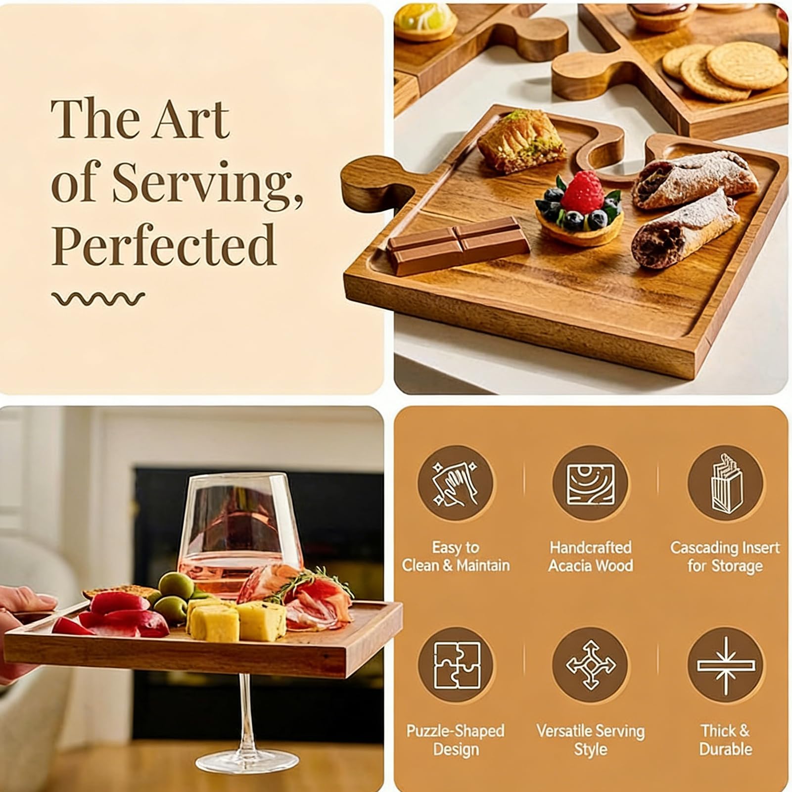 Tabla Para Embutidos Bandeja de Madera Fácil de | Bandeja de Servir Aperitivos y Tabla de Charcutería para Queso Fiambres Filete Frutas Frutos Secos Reuniones Familiares