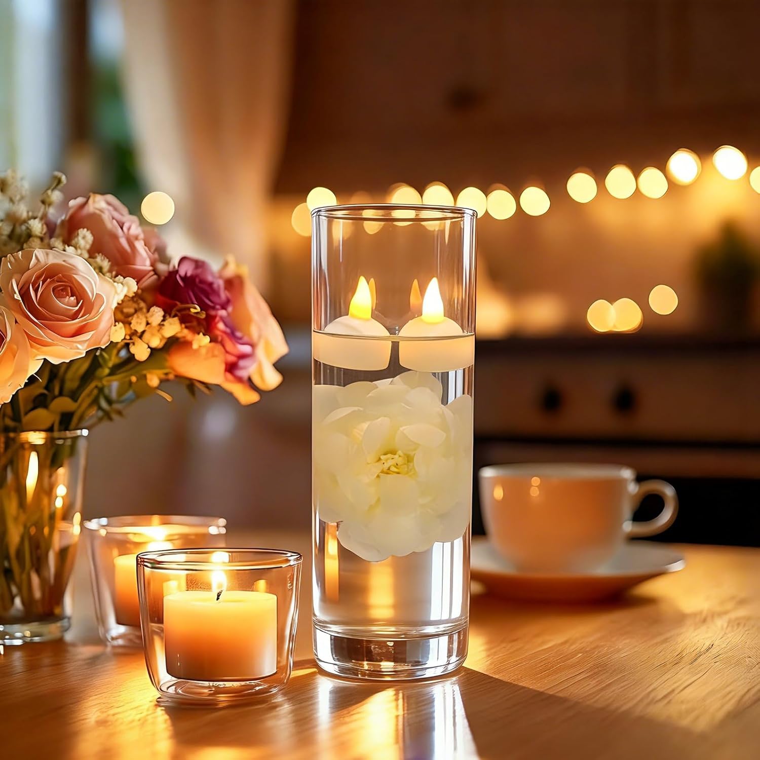 24 Pack Flameless Floating Candles and Floating Artificial Flower Led Battery Operated Waterproof Tea Lights for Cylinder Vases Centerpieces at Wedding, Party, Pool Decor White