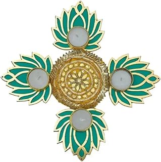 Lotus Tea Light Candle Holder Set – Diwali Decoration Decor, Indian Festival Décor, Rangoli Centerpiece for Home, Pooja, Weddings, Return Gifts – Acrylic & Metal, Gotta Mirror Work (Multicolor)