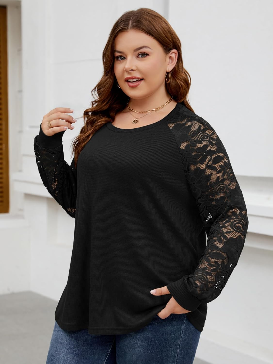 SCOMCHIC Plus Size Tops for Women Elegant Lace Long Sleeve Blouses Crew Neck Fall Dressy Shirts Loose Casual Tunics Tops - Image 3