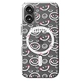 DistinctInk Hybrid Case for iPhone 16 - Slim, Durable, Compatible with MagSafe Charging - White Pink Happy Smiley Faces