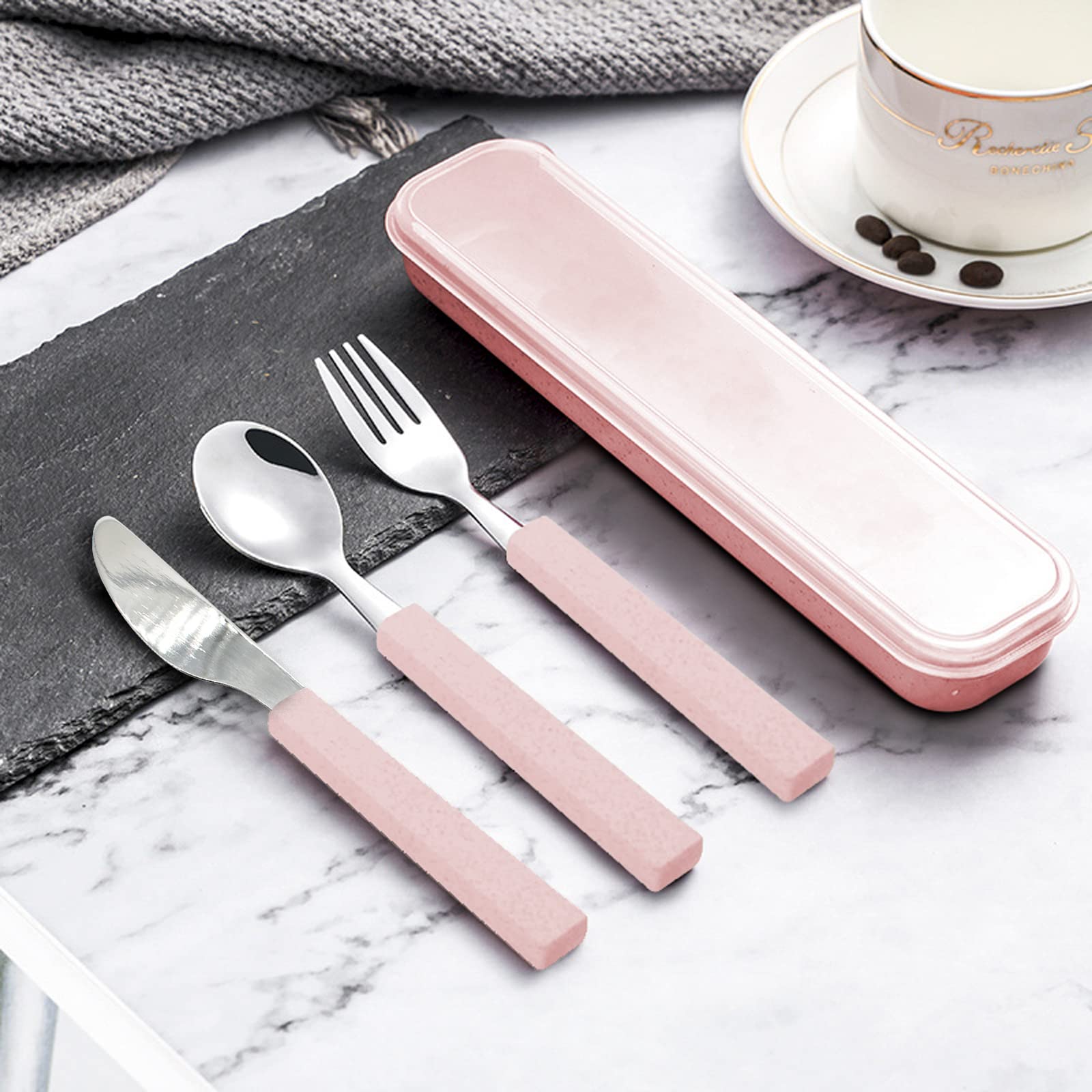 VANRA Set di 3 utensili per bambini in acciaio inossidabile 18/10 Set di posate per bambini Set di argenteria Coltello Cucchiaio Forchetta con custodia da viaggio per bambini Lunch Box(Rosa)