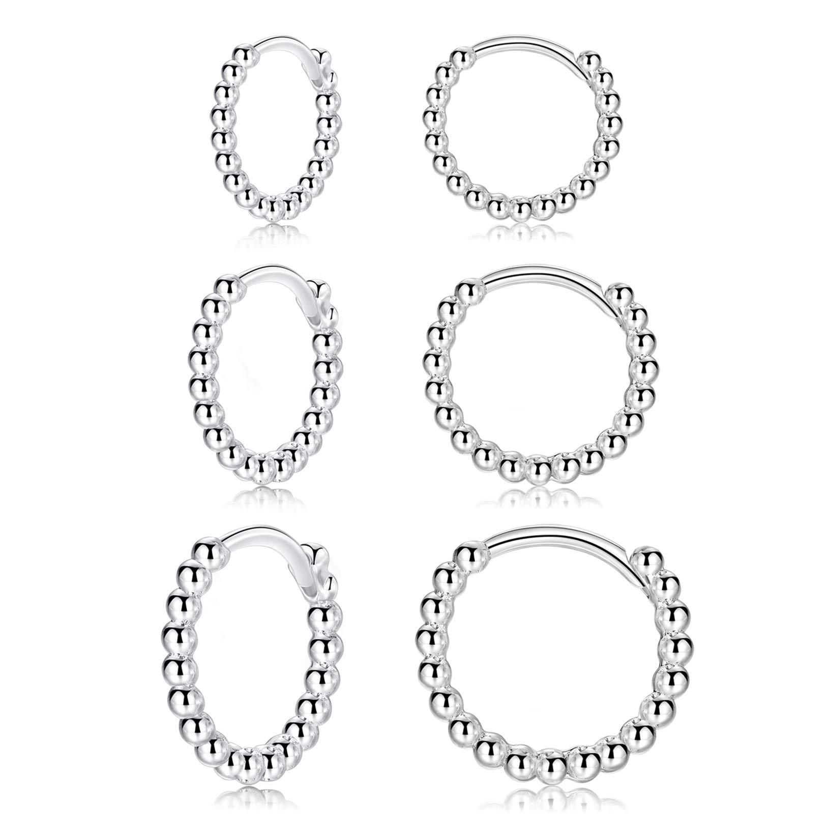 Silver Hoops Earrings for Women| 3 Pairs Small Sterling Silver Post Beaded Huggie Earrings| Hypoallergenic Tiny Cartilage Sleeper Cuff Jewelry for Men Ladies Girls, 8mm 10mm 12mm