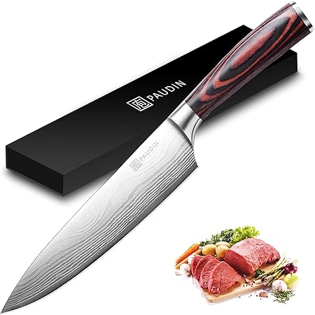 Chef Knife - PAUDIN N1 8 inch Kitchen Knife, German High Carbon Stainless Steel Sharp Knife, Professional Meat Knife with Ergonomic Handle and Gift Box for Family & Restaurant