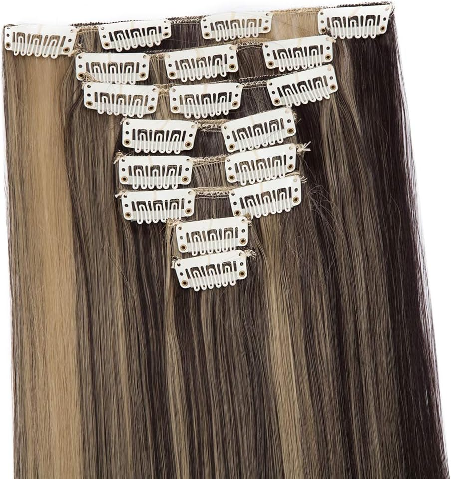 Real Fashion Extensions Clip in Hair Extension Long Straight 8 Pcs Full Head 18 Clips Synthetic Heat Resistant Hairpiece 26 Inches Straight Dark brown & ash blonde - Image 3