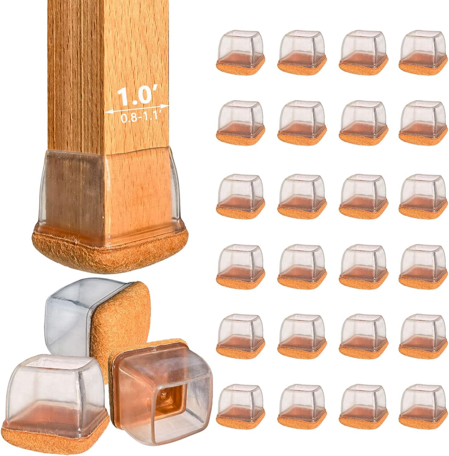 24 Pack Small Silicone Chair Leg Floor Protectors for Hardwood Floors, Clear Chair Leg Caps with Wrapped Felt to Scratches and Noise, Free Moving Table Leg Covers (Square, Fit: 0.5" - 0.8")