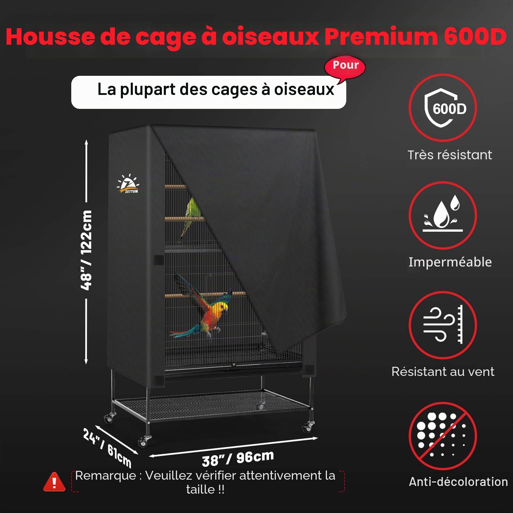Zettum Housse de Cage à Oiseaux 96 x 61 x 122 CM CM, Filet de Protection Lavable pour Cage à Perroquet, en Tissu Oxford 600D, imperméable et Respirant, Housse Coupe-Vent pour Cage à Oiseaux