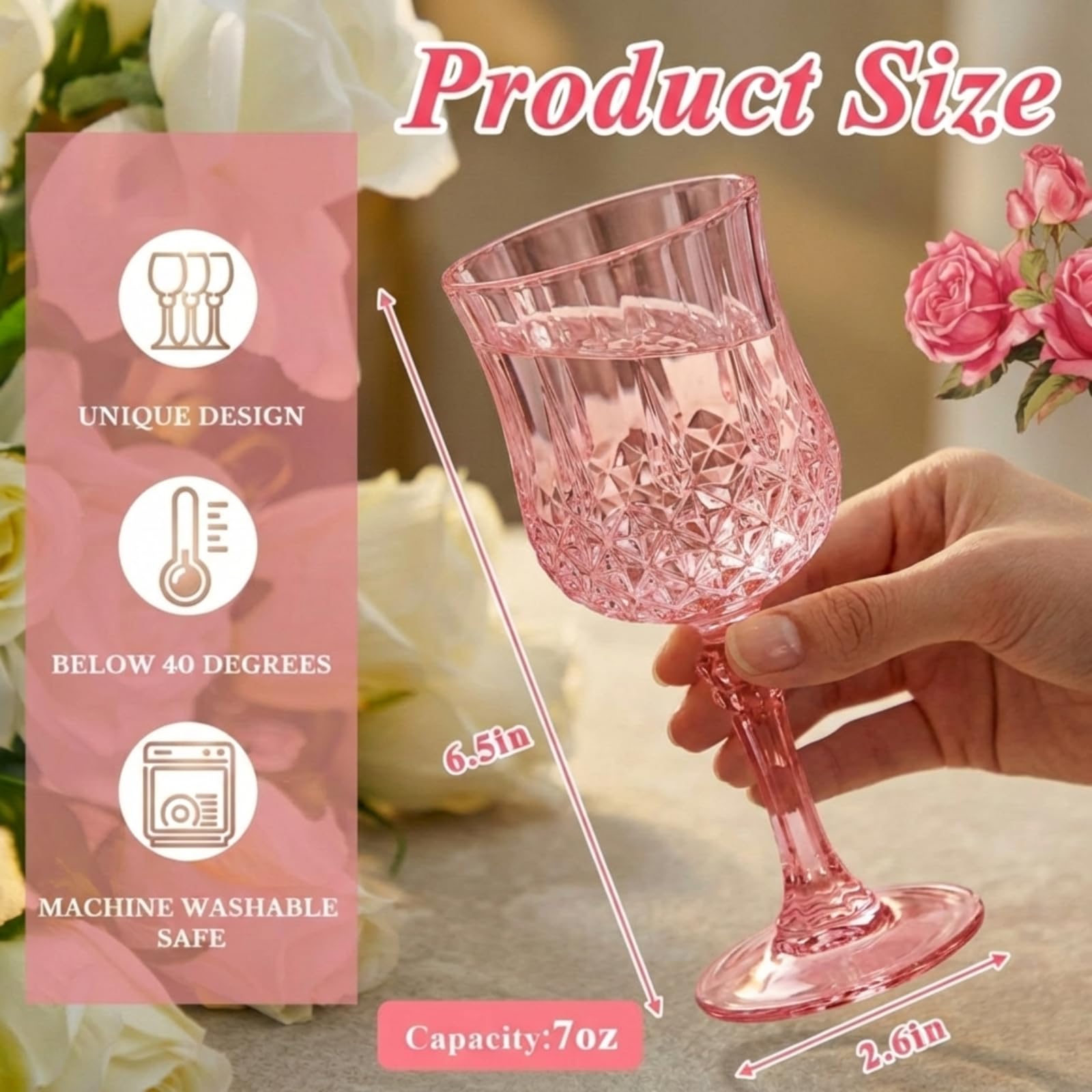 Pinkunn Lot de 24 verres à vin en plastique Rose 200 ml