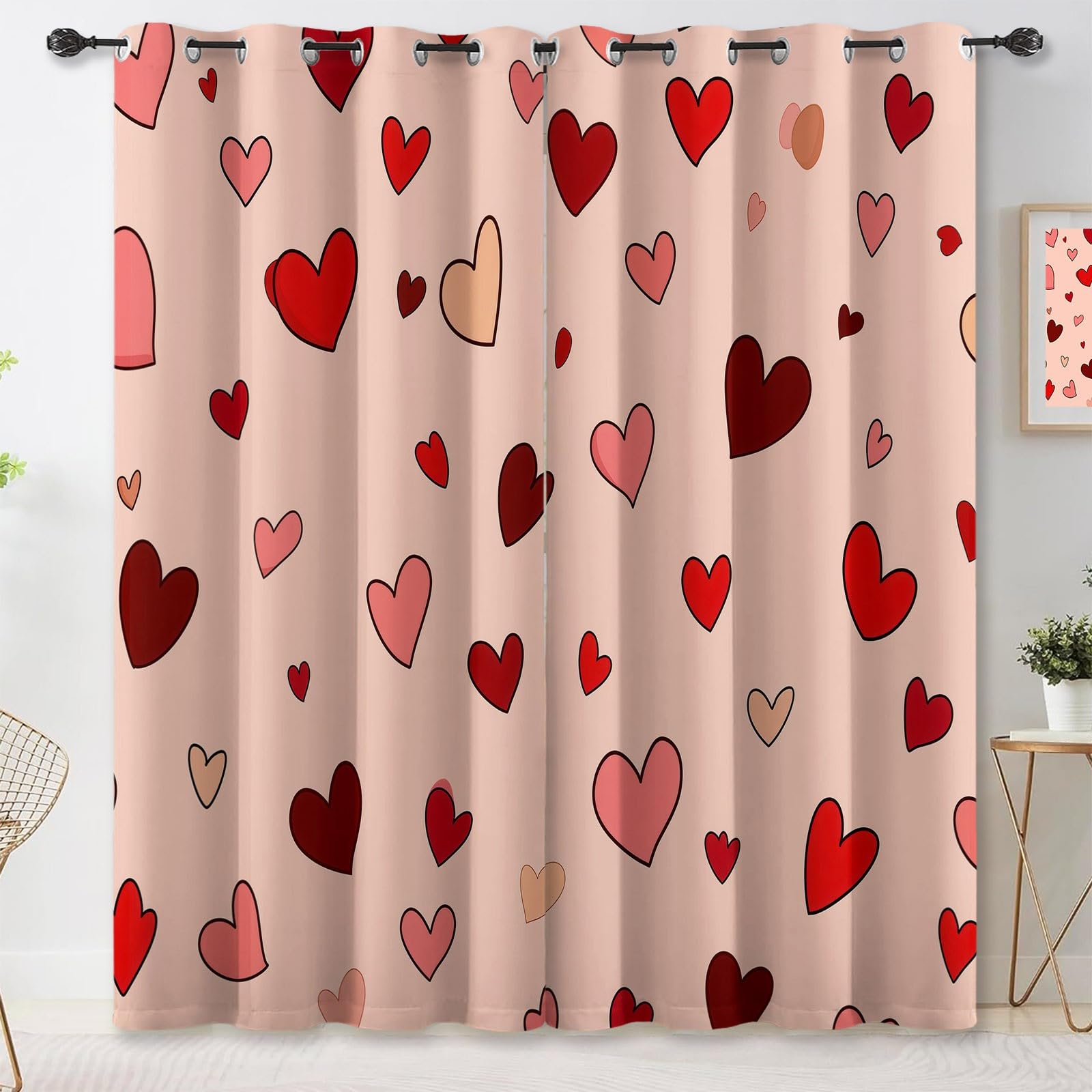 Design Plat Mignon Cœurs Roses Rideau Occultant Lot de l'enfant, Rose Clair Rideaux Acoustiques Opaque Petites Fenêtres Décoration - pour Salon Chambre avec Œillets 100L X 220H cm