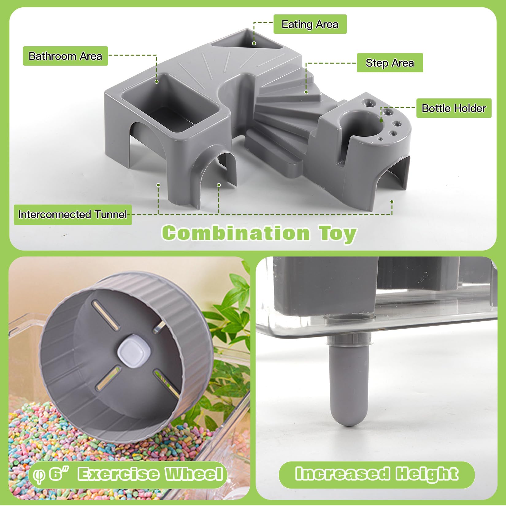 Hamsterkäfig-Set, 55,9 cm L x 30,5 cm B x 38,1 cm H, mit Kombination aus Badewanne und Futternapf und Stufen, φ15 Zoll Laufrad, Wasserflasche, Sonnendach, abschließbare Tür, transparent/grau