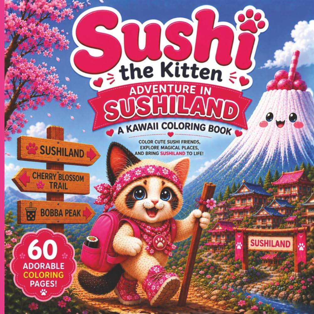 Sushi the Kitten: A Kawaii Coloring Book Adventure in Sushiland: 60 Bold & Easy Coloring Pages Featuring Cute Sushi Friends, Japanese-Inspired ... Blossoms, and Adorable Kawaii Characters