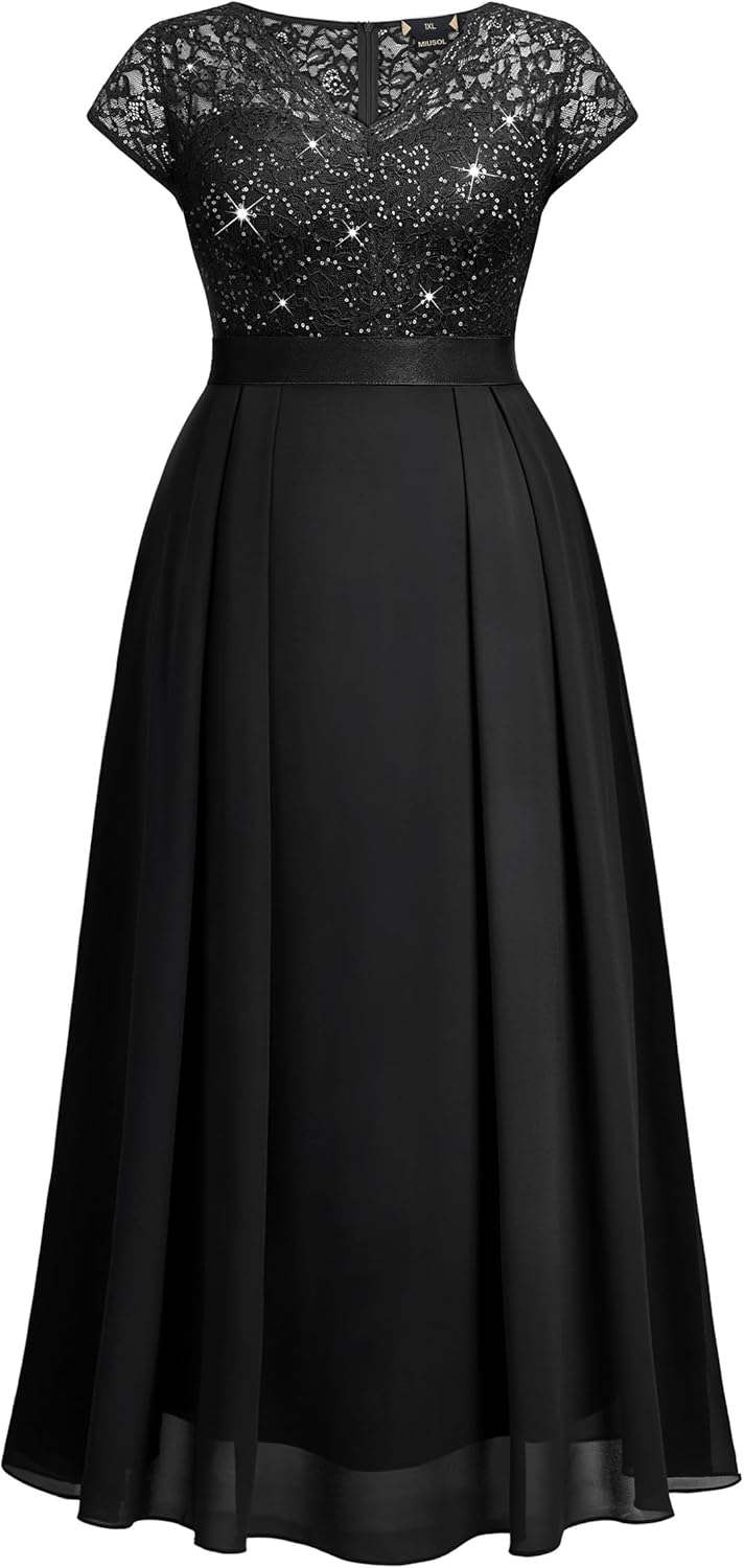 Miusol Women's Plus Size Sequin Floral Lace V Neck Formal Party Evening Gown Chiffon Maxi Dress - Image 5
