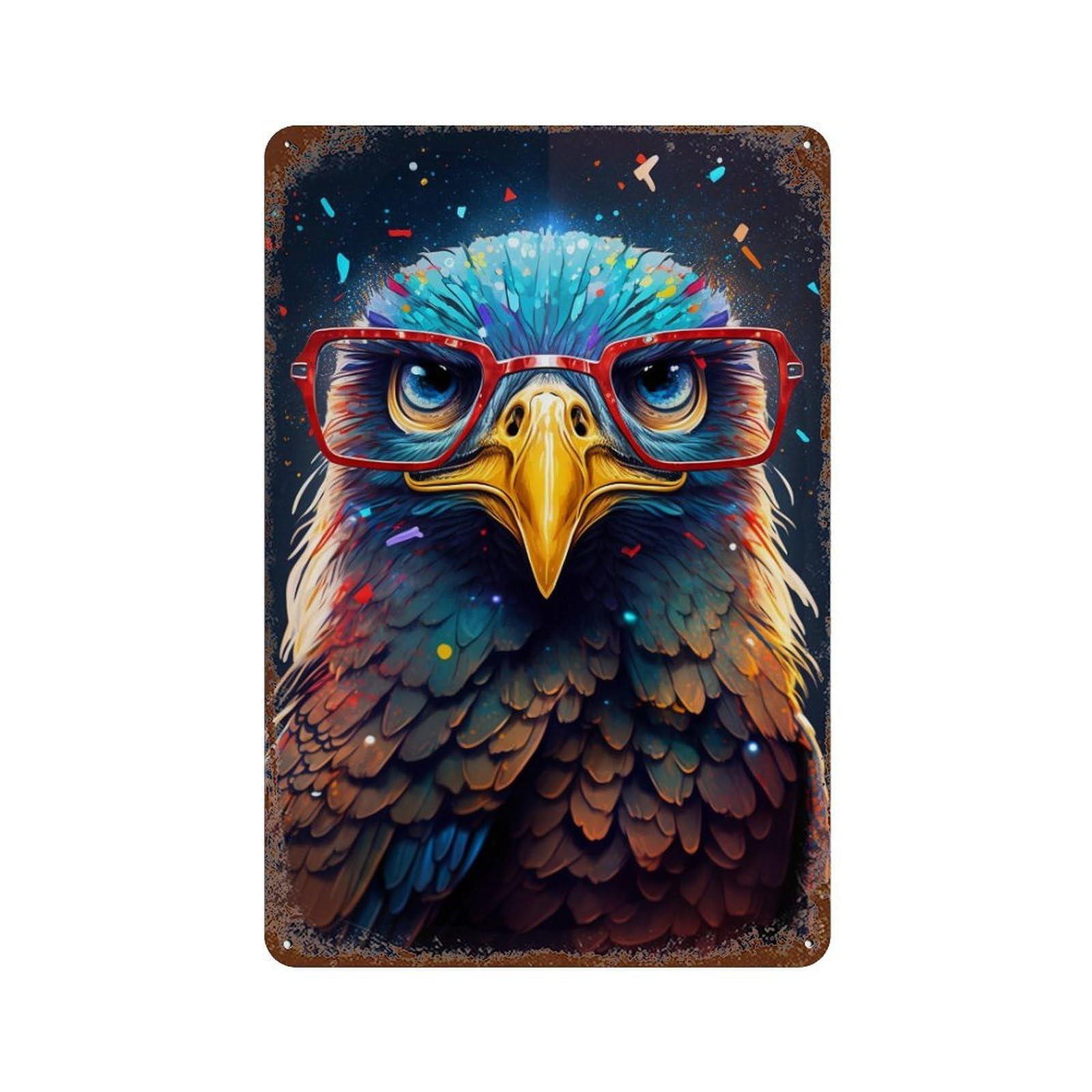 Eagle with Glasses Art Print Distressed Metal Wall Sign 11.8"x7.9", for Garage, Bar And Workshop Decor, Decorative Metal Wall Art