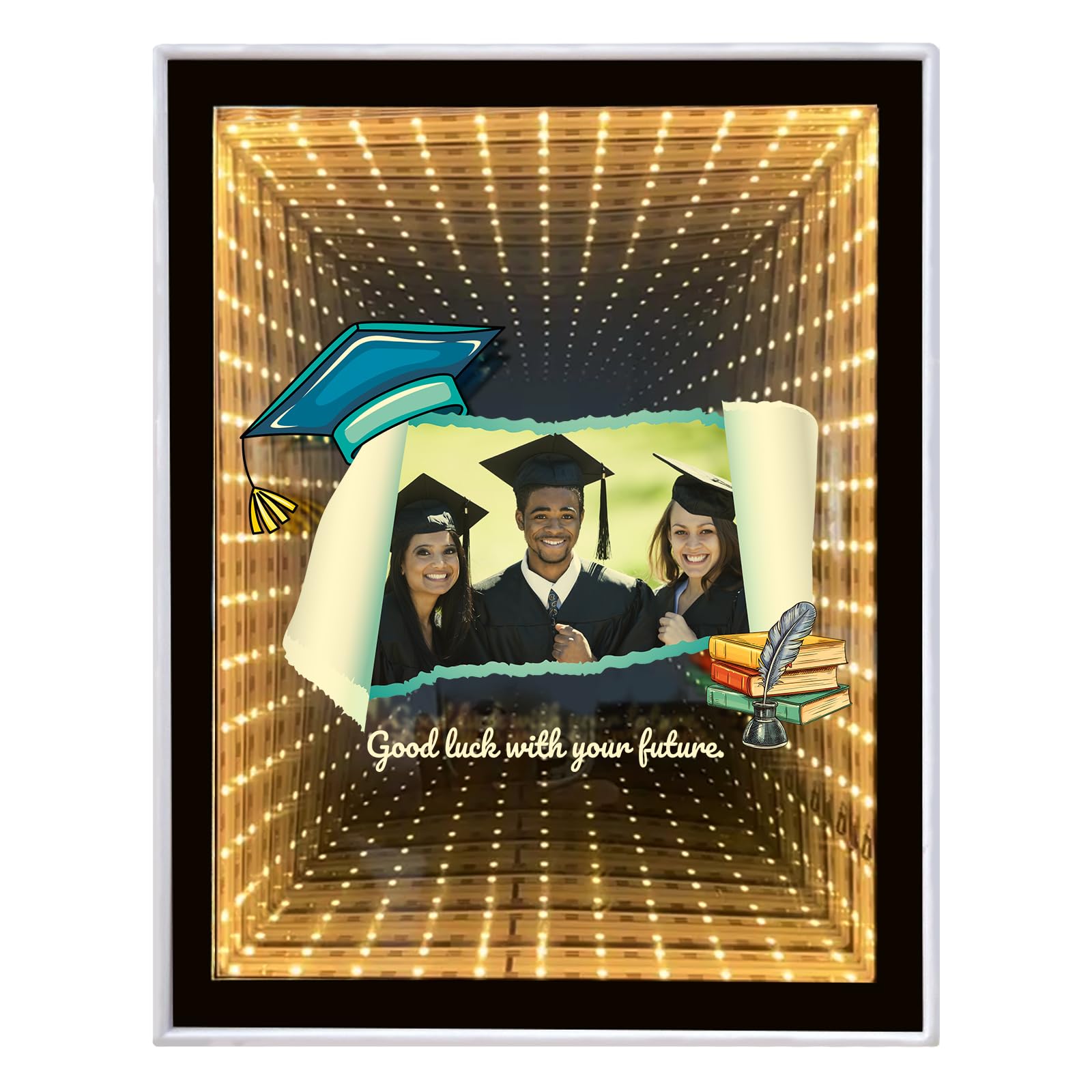 Custom Photo Frame Infinity Mirror, Personalised Graduation Gifts for Students, Classmates, Couples, Desktop LED Night Light Makeup Mirror 2 in 1, Home Decoration Bedroom Office Living Room