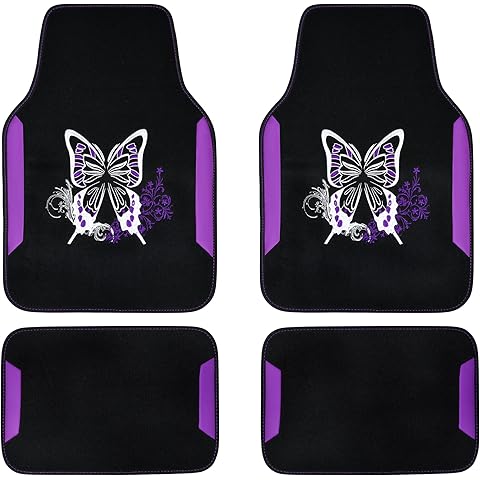 CAR PASS Embroidery Butterfly Leather Car Floor Mats, Purple Carpet Floor Mats with Heel Pad for Cute Women Girl, Universal Fit for Suvs,Sedans,Trucks,Cars, Set of 4 ((Black and Purple)