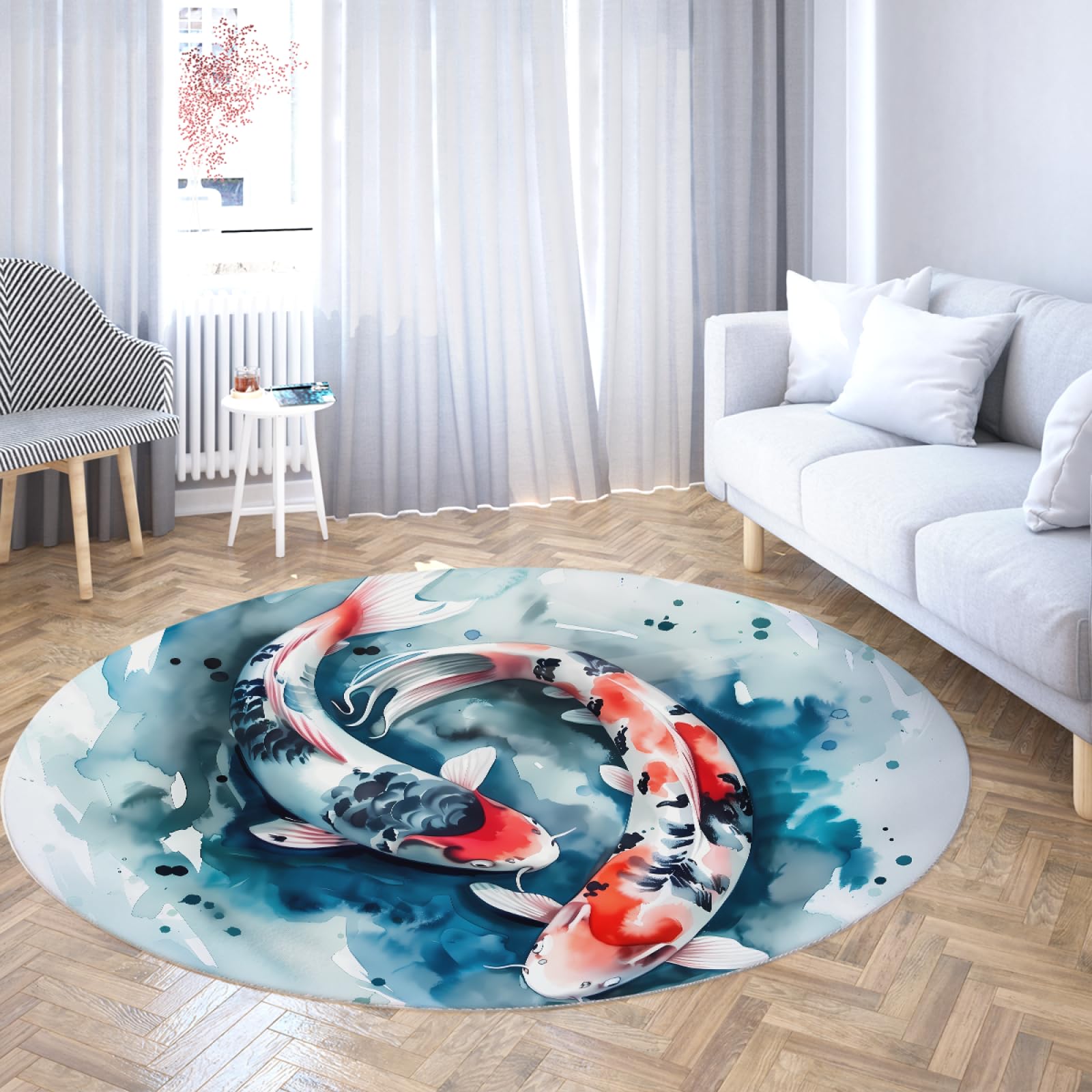 Tapis rond carpe koi peinture encre orientale circulaire lavable salon 140cm